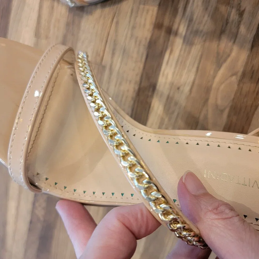 Adrienne Vittadini Chain Detail Faux Patent Leather Ankle Strap Heels